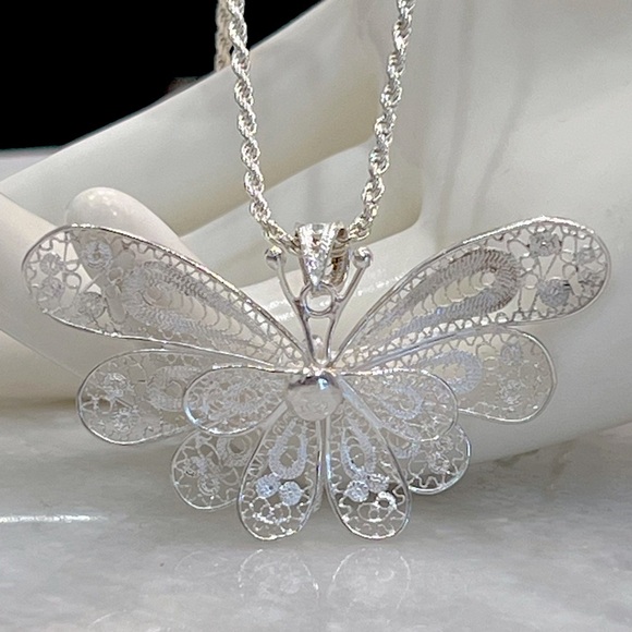 Sterling Silver Filigree Butterfly Pendant 20” Necklace